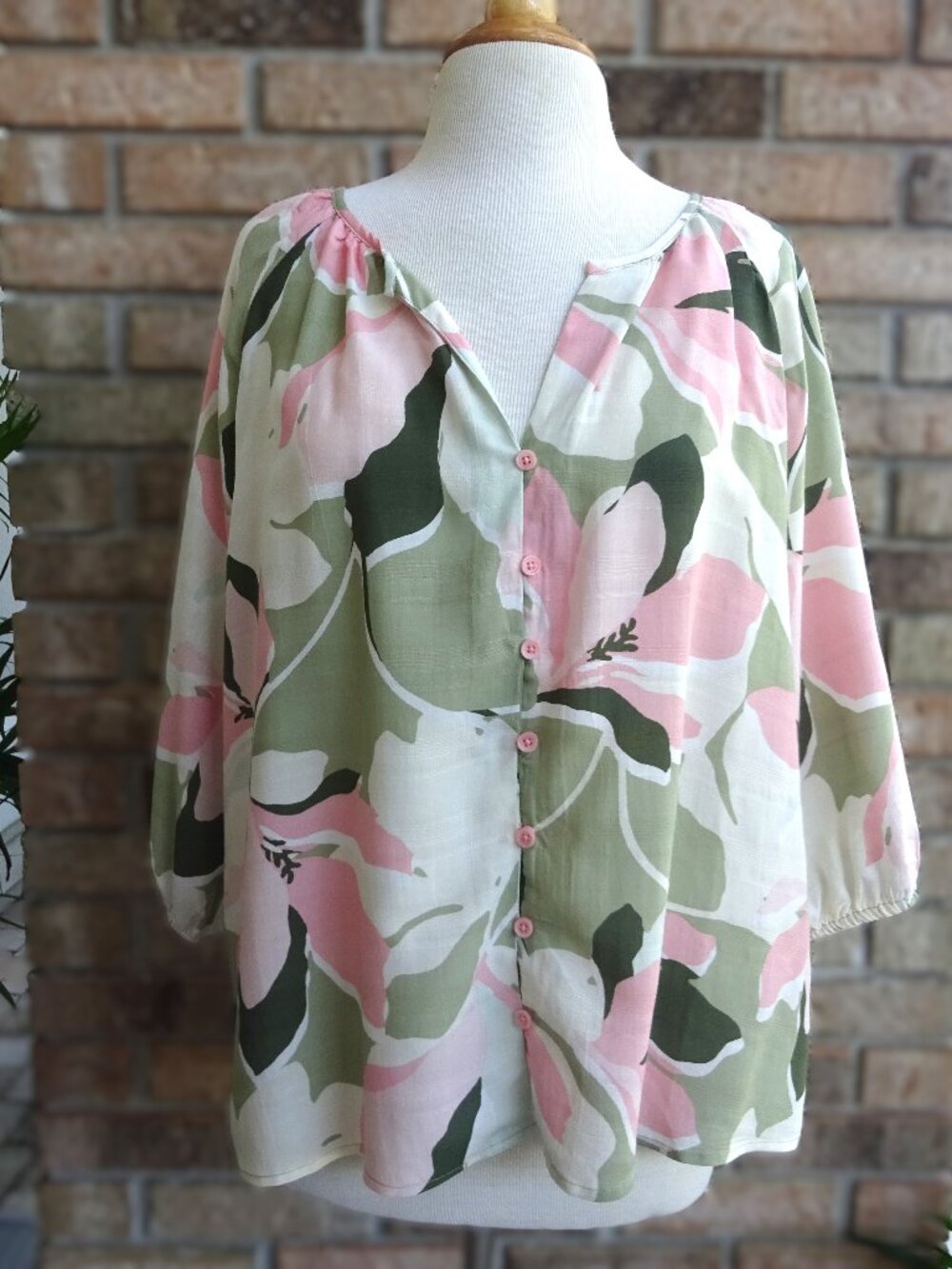 Sanctuary Pink Olive Green Abstract Floral Blouse - Size XL